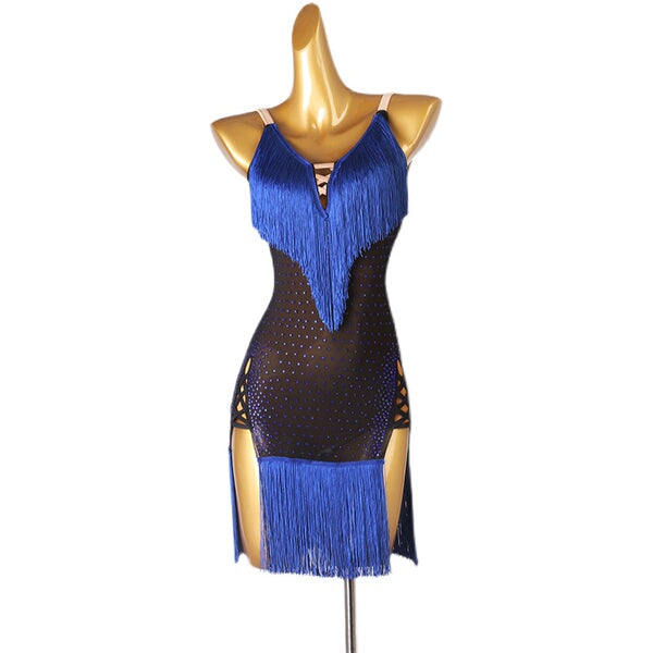 Blue latin dance dress with fringe yoke and sheer stone scattered mesh body