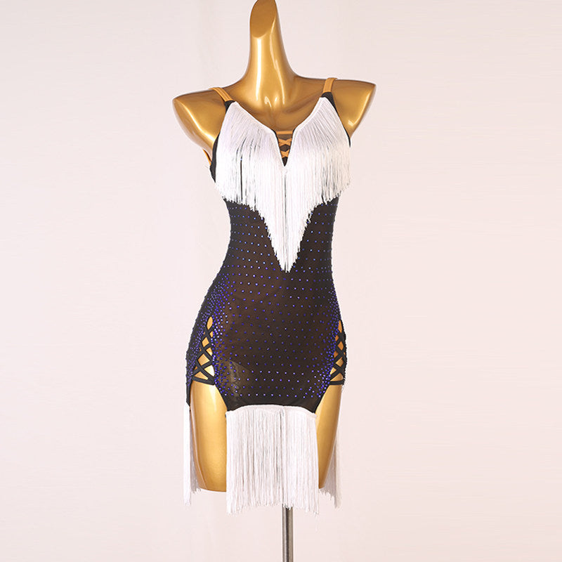 White latin dance dress with fringe yoke and cord laced sides