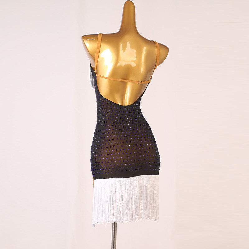 White fringe yoke latin dance dress rear view showing the open back