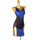 Blue fringe yoke latin dance dress front view with the fringe hem