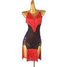 Red latin dance dress with fringe yoke and sheer stone mesh body
