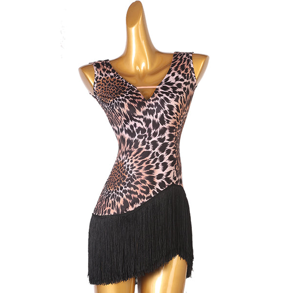 Leopard print latin dance dress with black fringe hem cut on a slant