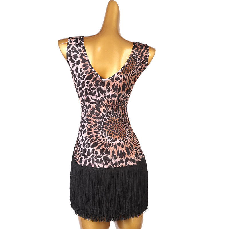 Leopard print latin dance dress angled view showing the cap sleeves