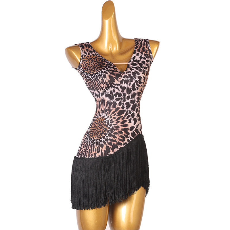 Leopard print latin dance dress side view with the asymmetric fringe hem