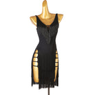Black latin dance dress with bead fringe centre panel and ladder hip cutouts