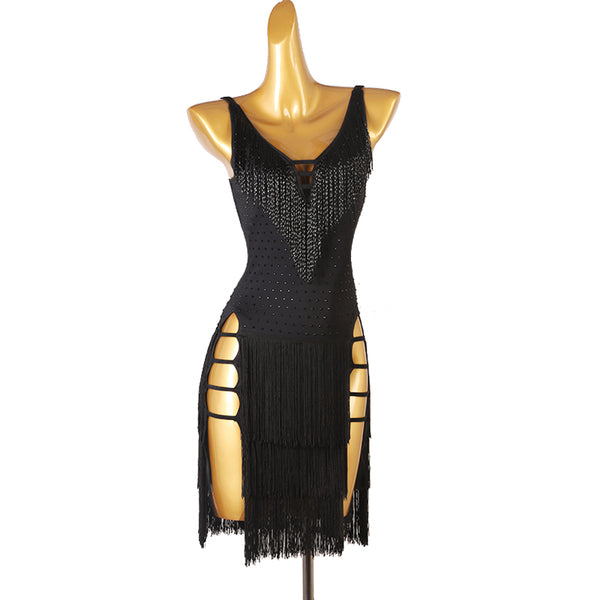Black latin dance dress with bead fringe centre panel and ladder hip cutouts