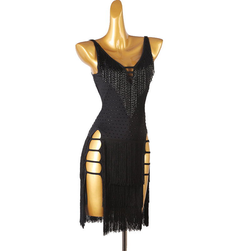 Black bead fringe latin dance dress angled view showing the tiered hem