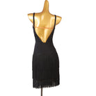 Black bead fringe latin dance dress side view with the strap cutouts