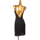 Black bead fringe latin dance dress rear view showing the deep open back