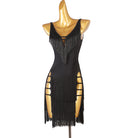 Black bead fringe latin dance dress front view with the fringe tiers