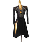 Black latin dance dress with stone rays fanning from the keyhole neckline