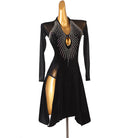Black stone ray latin dance dress side view showing the asymmetric hem