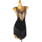 Black latin dance dress with gold bead fringe V yoke and layered fringe skirt