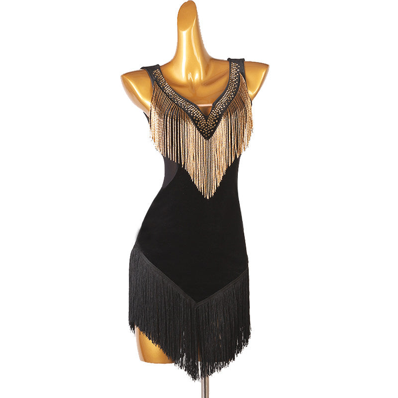 Black latin dance dress with gold bead fringe V yoke and layered fringe skirt