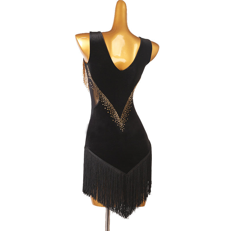 Black gold bead yoke latin dance dress rear view showing the open back