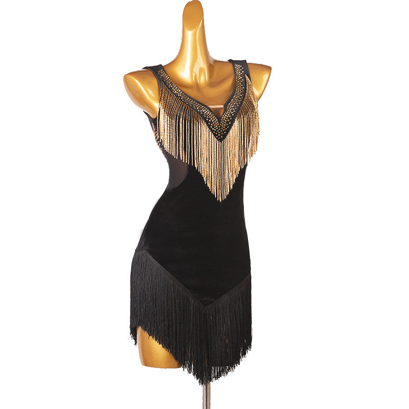 Black gold bead yoke latin dance dress angled view with the fringe layers