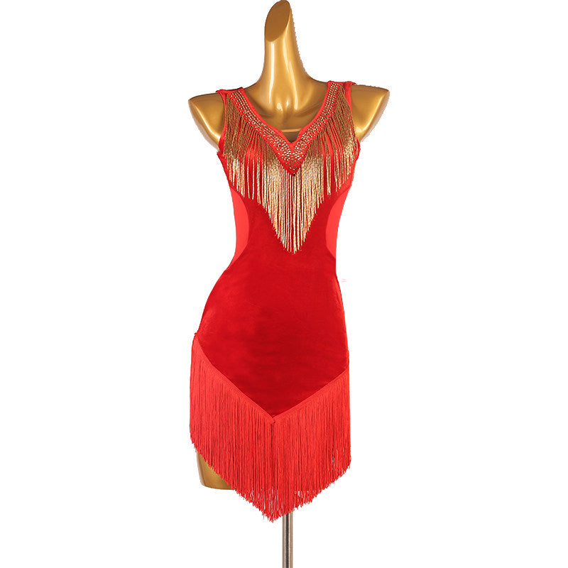 Red latin dance dress with gold bead fringe yoke and layered fringe skirt