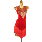 Red gold bead yoke latin dance dress rear view with the fringe hem