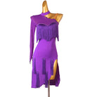 Purple latin dance dress with fringe yoke at the chest and hip