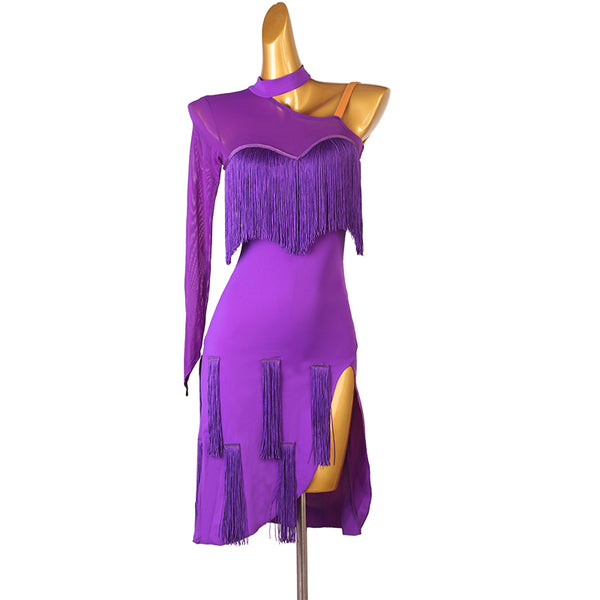 Purple latin dance dress with fringe yoke at the chest and hip