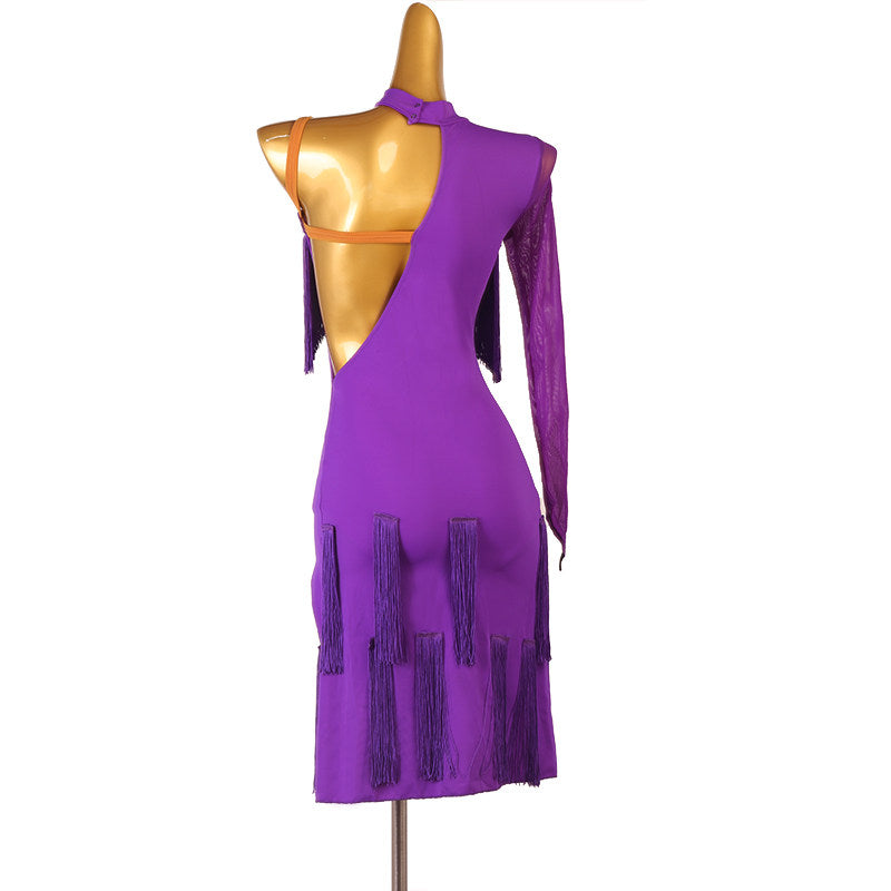 Purple fringe latin dance dress angled view with the high front split