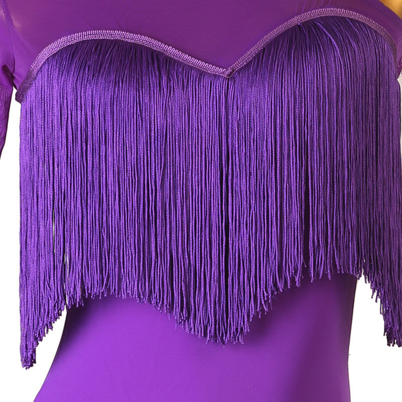 Close view of the purple fringe yoke across the chest