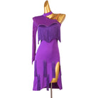 Purple fringe latin dance dress side view showing the cold shoulder cutout