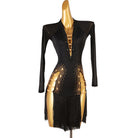 Black latin dance dress with gold studwork, plunge neckline and ladder fringe hem