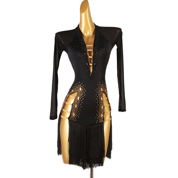 Black latin dance dress with gold studwork, plunge neckline and ladder fringe hem