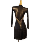 Black gold stud latin dance dress rear view showing the open mesh back
