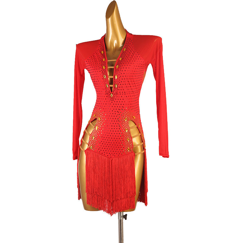 Red latin dance dress with gold studwork and ladder cut fringe hem