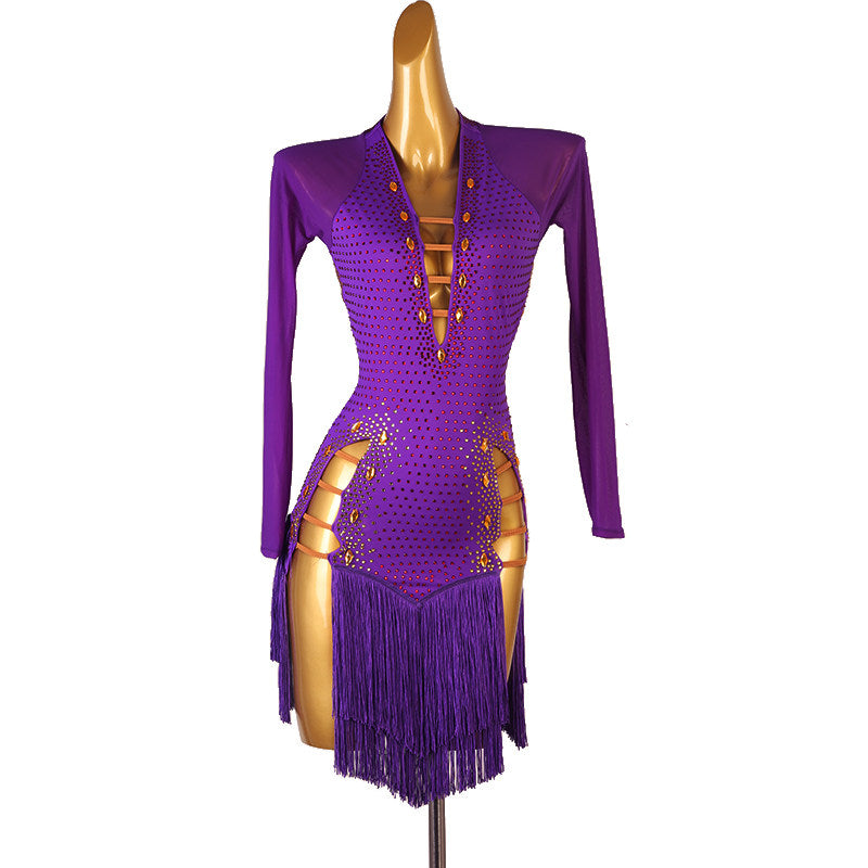 Purple latin dance dress with gold studded plunge neckline and fringe