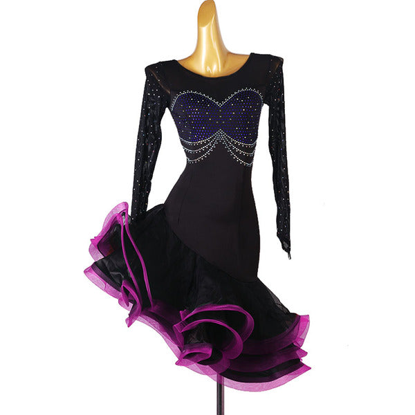 Black latin dance dress with crystal swags and rose red triple ruffle hem