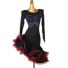 Black crystal drape latin dance dress with red and black ruffle hem