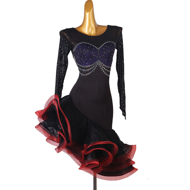 Black crystal drape latin dance dress with red and black ruffle hem
