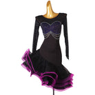 Black crystal drape latin dance dress side view with the rose ruffle layers