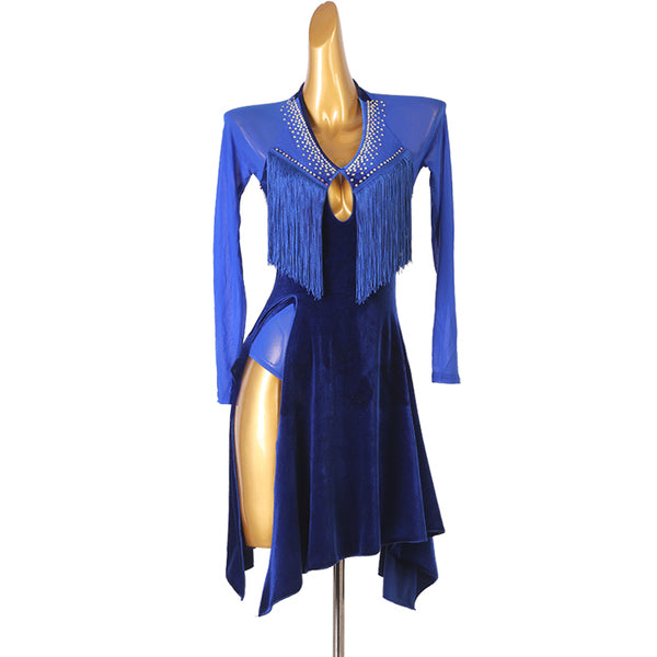 Blue velvet latin dance dress with crystal keyhole and fringe yoke