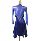Blue velvet fringe latin dance dress angled view showing the pointed hem