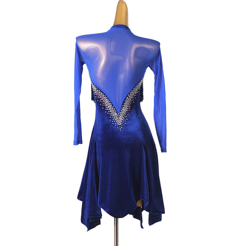 Blue velvet fringe latin dance dress angled view showing the pointed hem