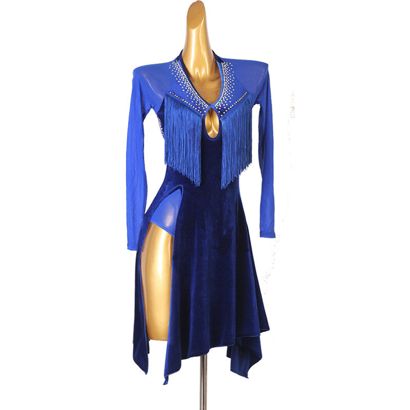 Navy velvet latin dance dress with crystal ringed keyhole and fringe yoke