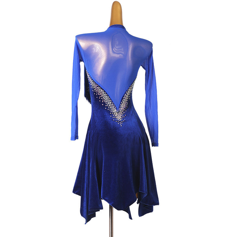 Navy velvet fringe latin dance dress rear view with the pointed hem