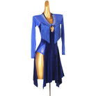 Blue velvet fringe latin dance dress side view showing the mesh sleeve