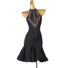Black latin dance dress with a strung crystal bib at the halter neckline