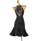 Black crystal bib latin dance dress angled view with the fluted hem