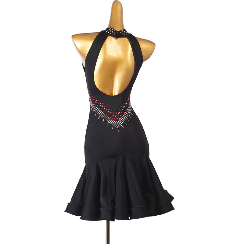Black crystal bib latin dance dress side view showing the mermaid line