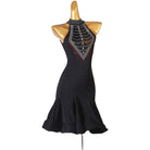 Black crystal bib latin dance dress front view with the skirt flared