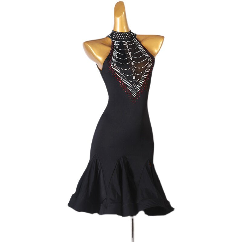 Black crystal bib latin dance dress front view with the skirt flared