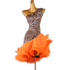 Leopard print one shoulder latin dance dress with orange organza wrap hem