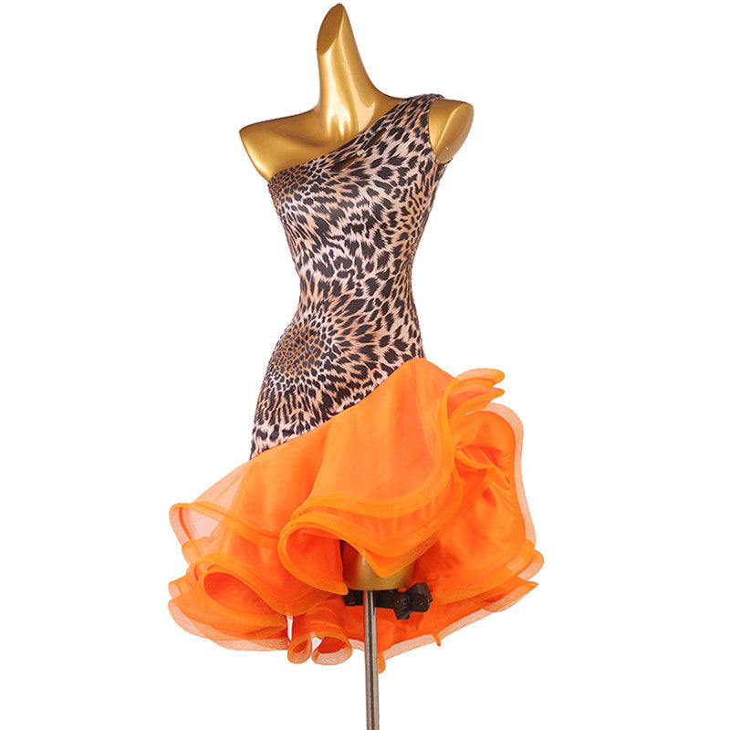 Leopard print latin dance dress angled view with the orange organza curls