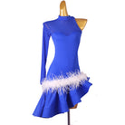 Blue latin dance dress with white marabou feather hem and sheer mesh yoke